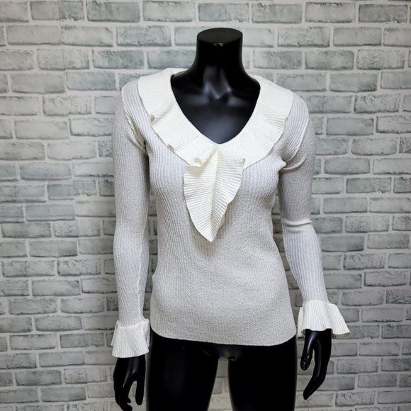 Vintage 70s Marbella Knits California Off White Ribbed Flutter Vneck Knit Top - Picture 1 of 7